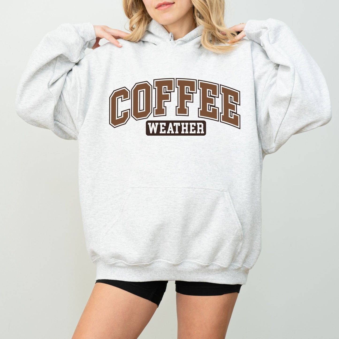 Coffee Weather varsity-style hoodie for coffee lovers.