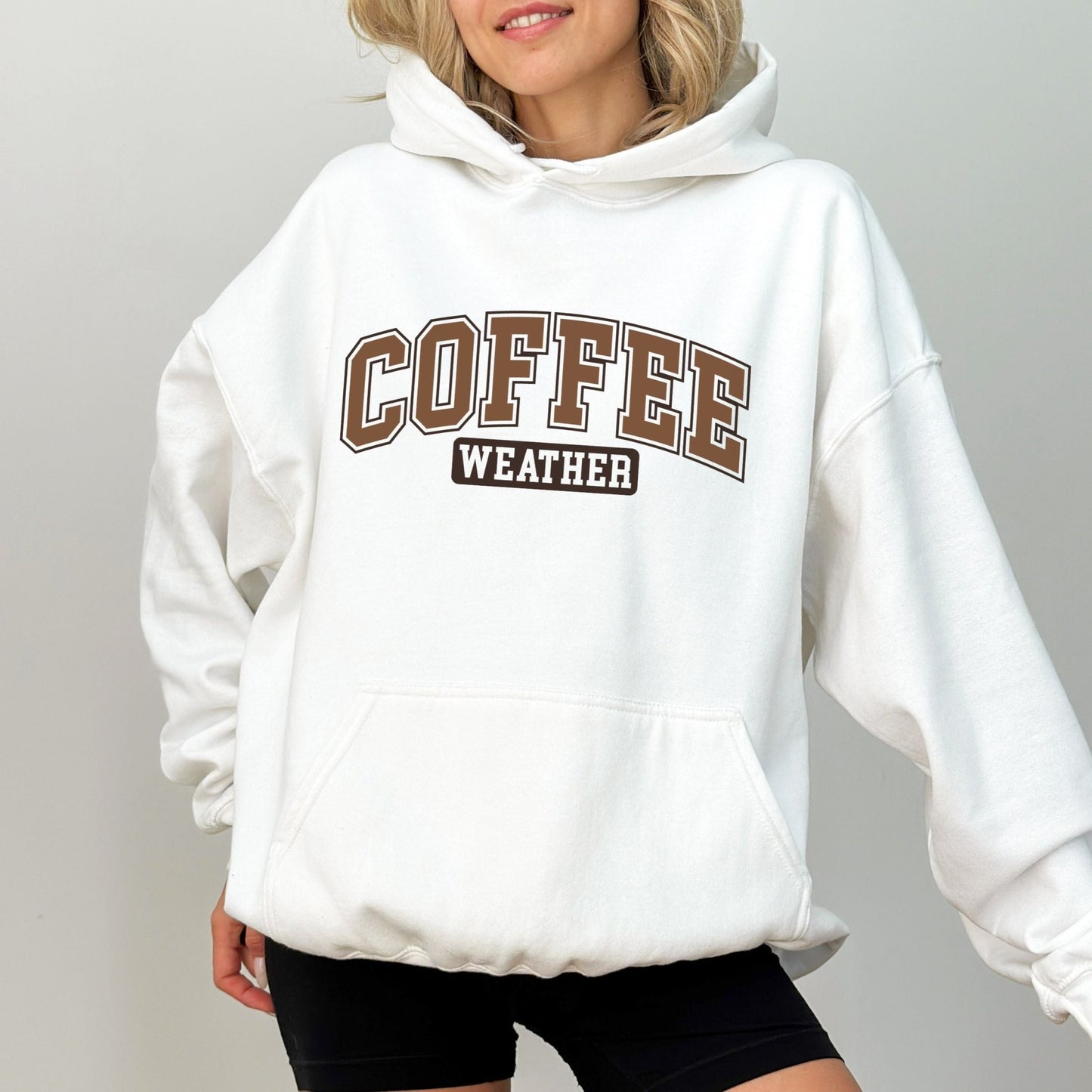 Coffee Weather varsity-style hoodie for coffee lovers.