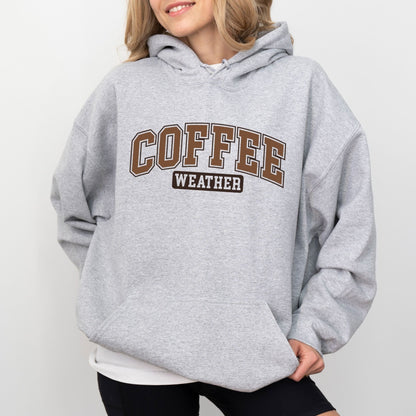 Coffee Weather varsity-style hoodie for coffee lovers.