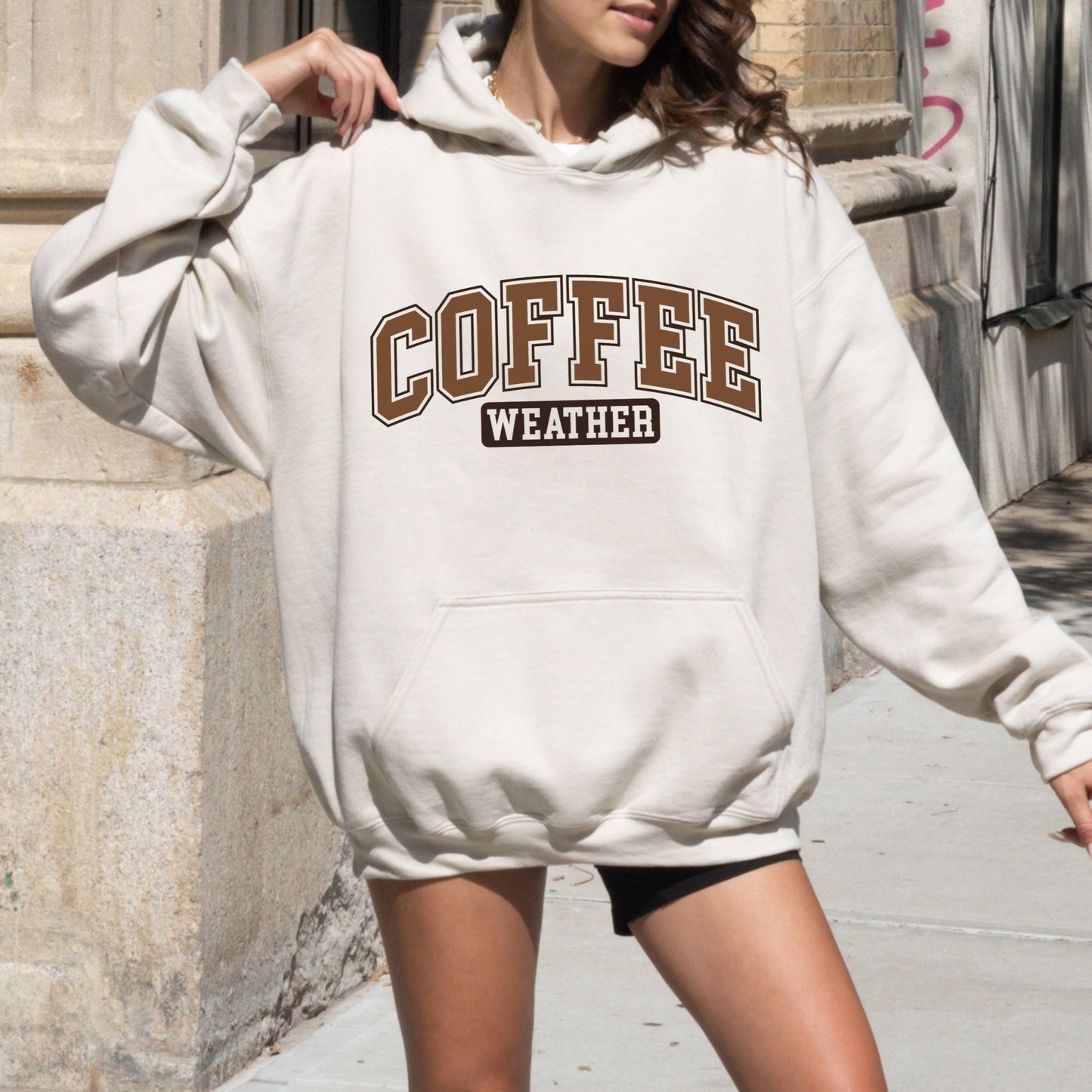 Coffee Weather varsity-style hoodie for coffee lovers.