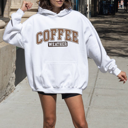 Coffee Weather varsity-style hoodie for coffee lovers.