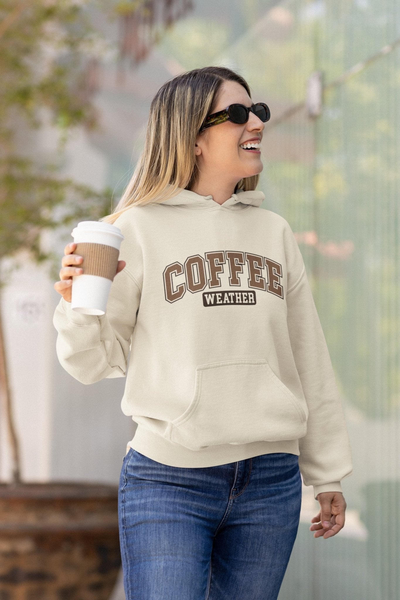 Coffee Weather varsity-style hoodie for coffee lovers.