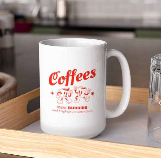 Cute retro coffee mug with fun coffee buddies design, perfect for morning coffee and cheerful conversations.