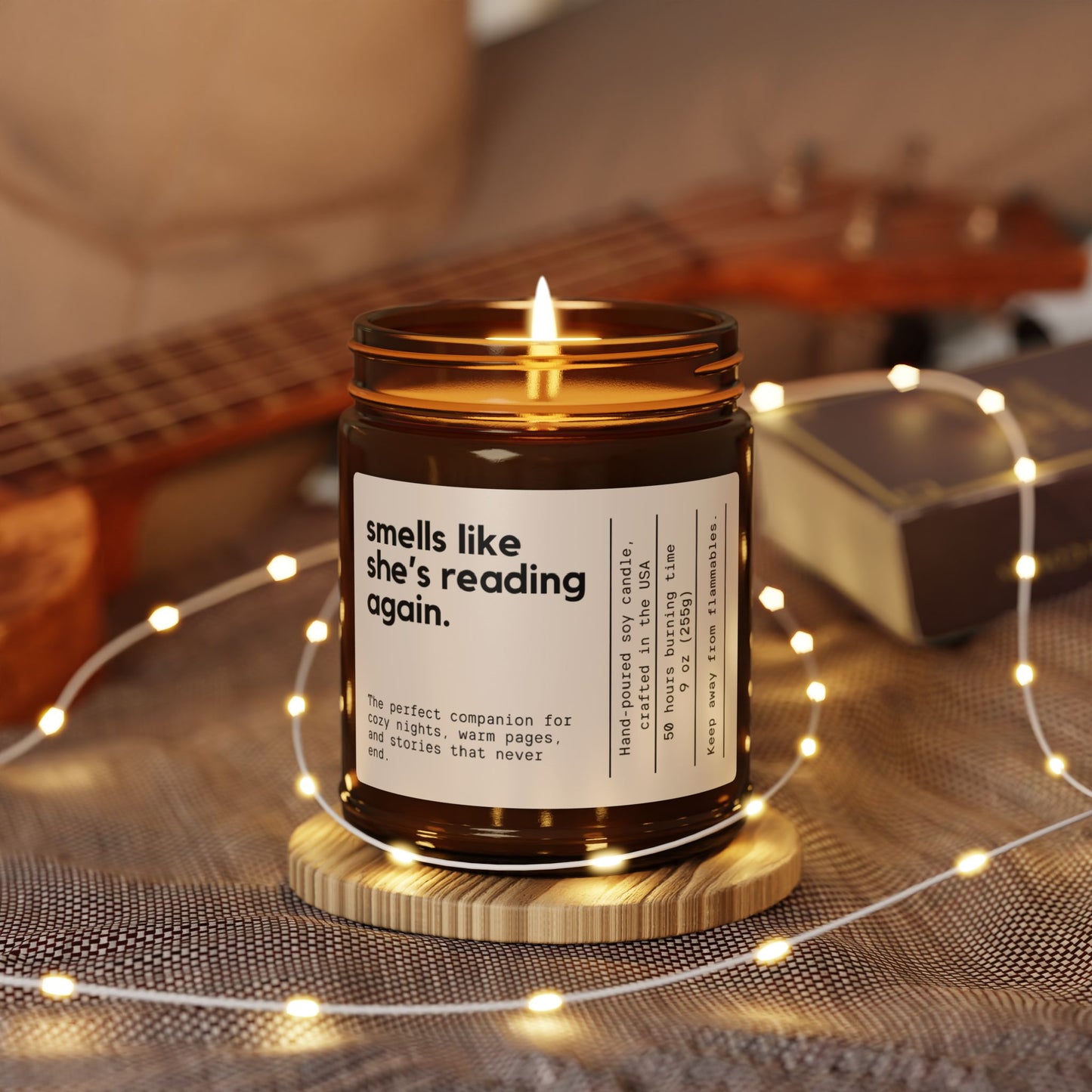 Coconut soy reading candle in 9 oz clear and amber jars for book lovers and cozy nights.