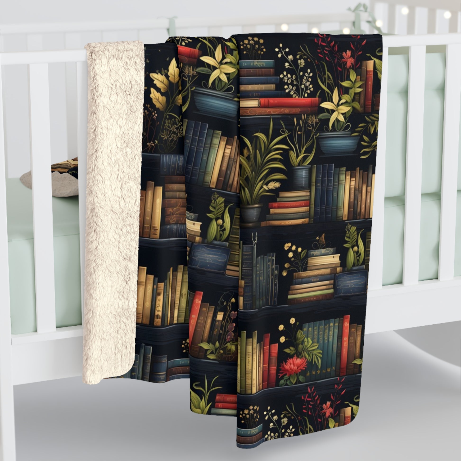 Cozy bookshelf blanket with plant and book design, perfect for book lovers.