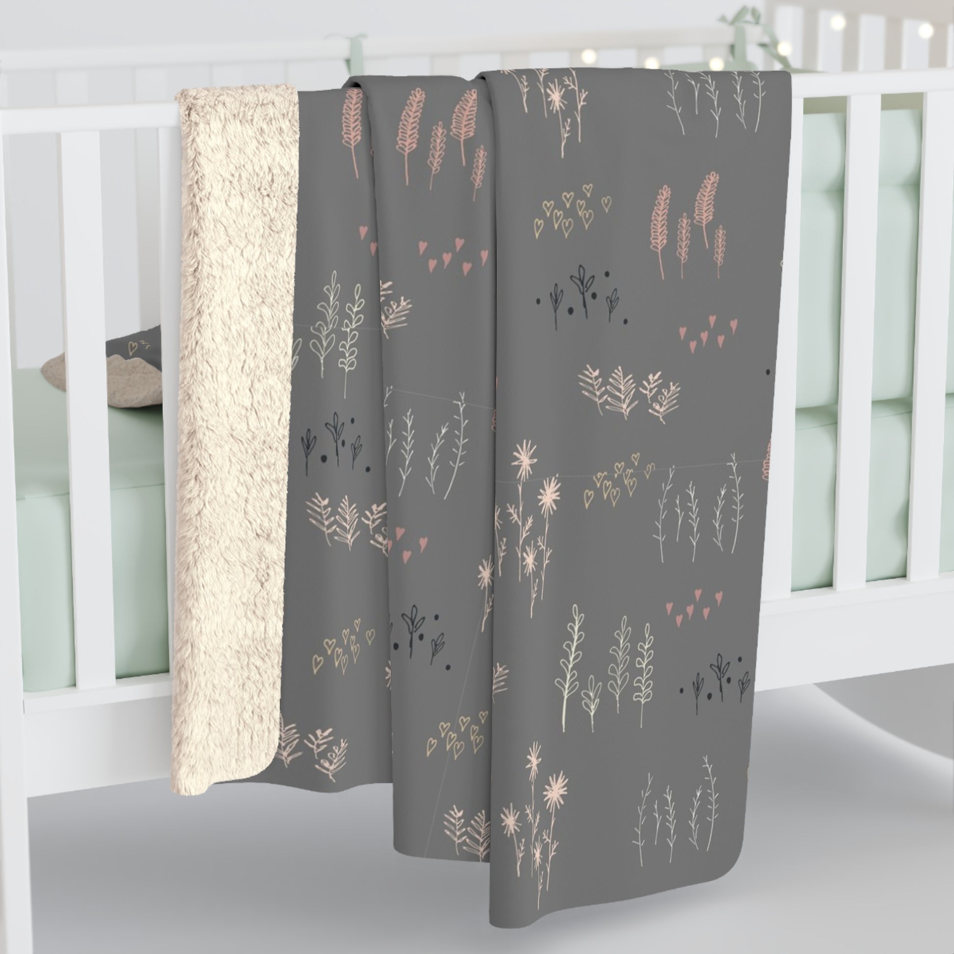 Soft plant pattern baby blanket in velveteen plush and sherpa fleece for cozy nurseries.