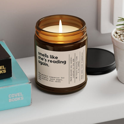 Coconut soy reading candle in 9 oz clear and amber jars for book lovers and cozy nights.