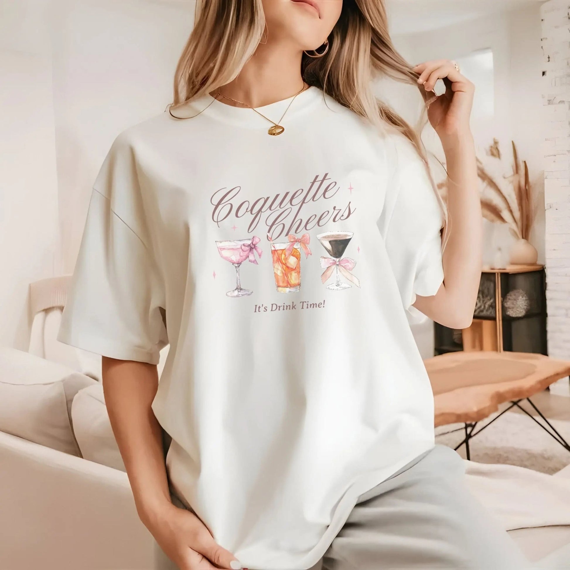 Coquette-style cocktail t-shirt for drink lovers, available in 3 colors.