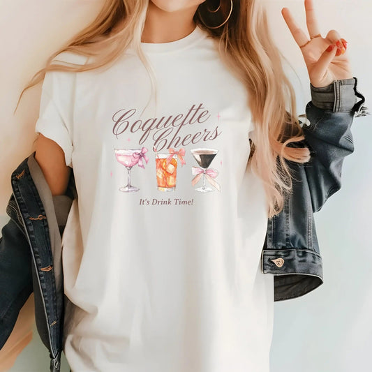 Coquette-style cocktail t-shirt for drink lovers, available in 3 colors.