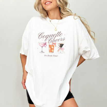 Coquette-style cocktail t-shirt for drink lovers, available in 3 colors.