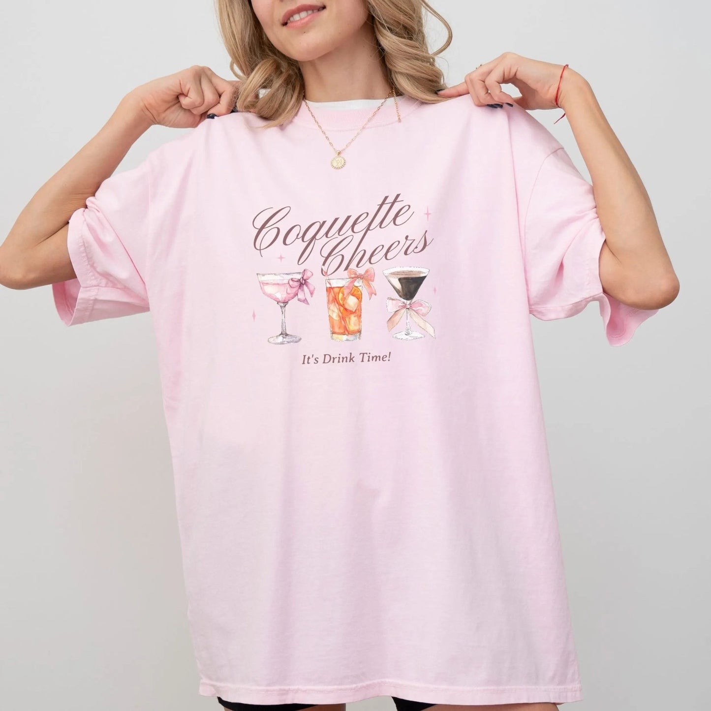 Coquette-style cocktail t-shirt for drink lovers, available in 3 colors.