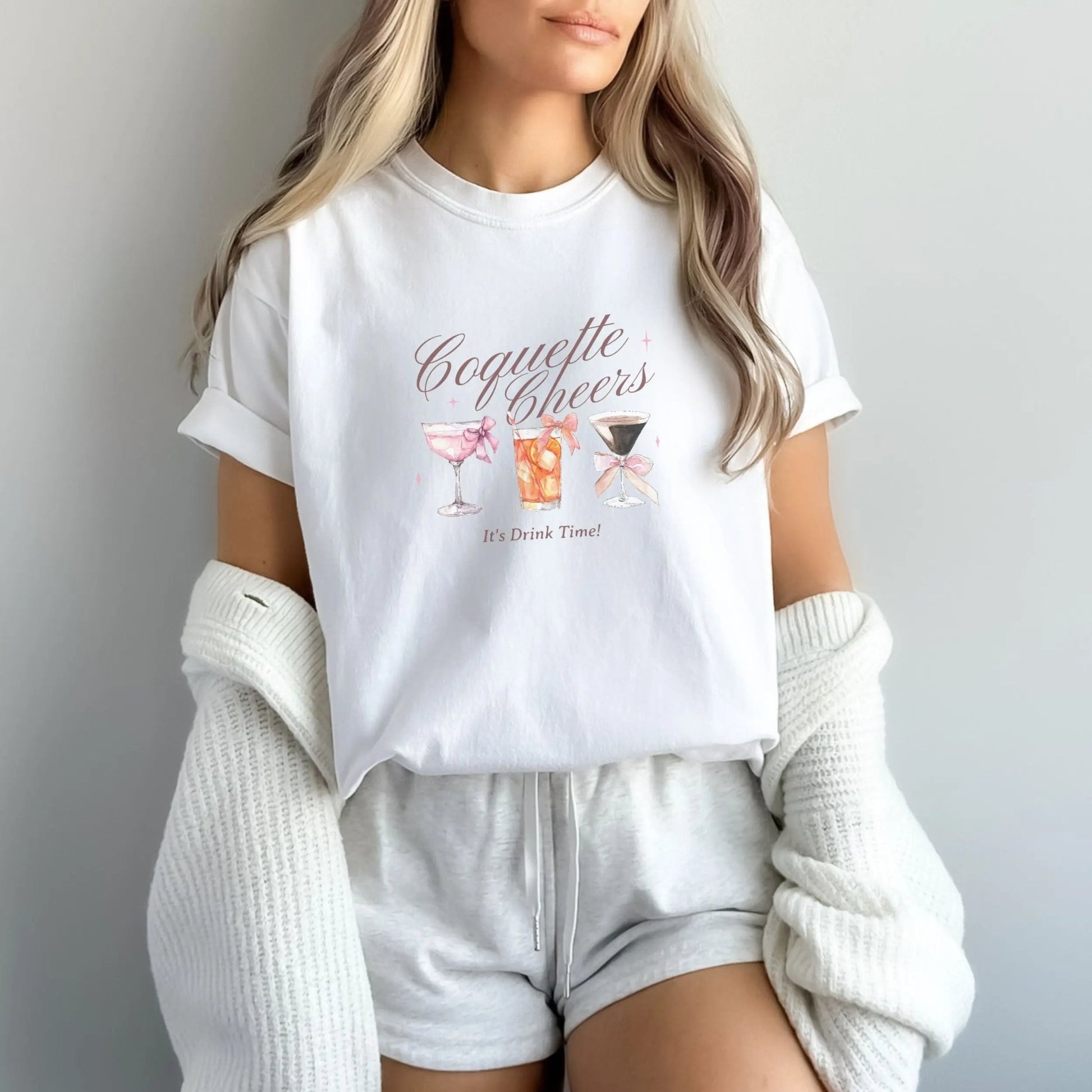 Coquette-style cocktail t-shirt for drink lovers, available in 3 colors.