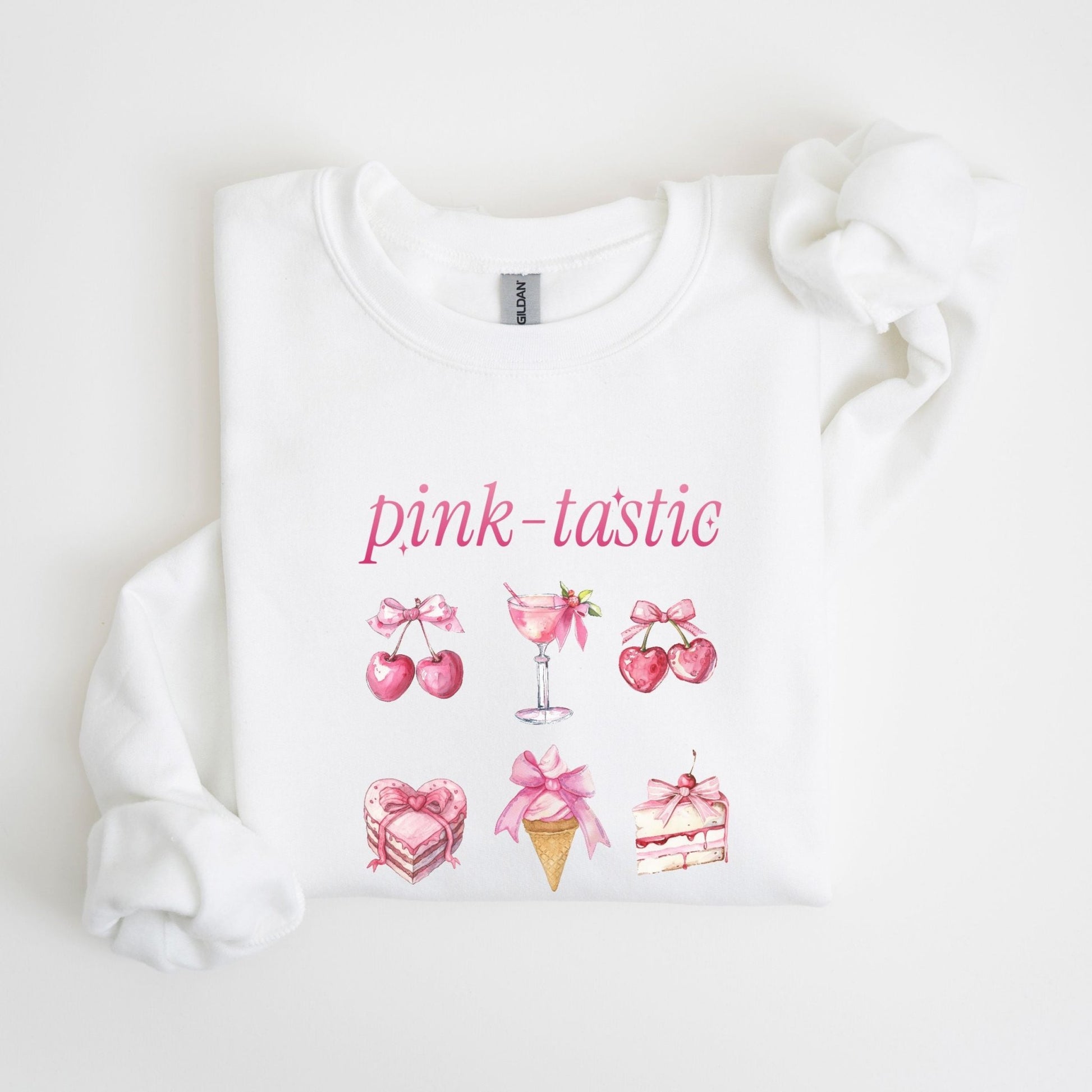 Pink-tastic sweatshirt with a feminine design featuring pink cherries, desserts, and a cocktail.