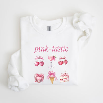 Pink-tastic sweatshirt with a feminine design featuring pink cherries, desserts, and a cocktail.