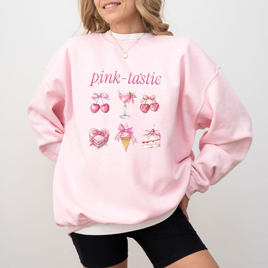 Pink-tastic sweatshirt with a feminine design featuring pink cherries, desserts, and a cocktail.