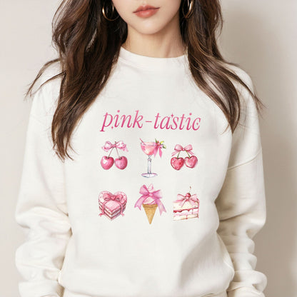 Pink-tastic sweatshirt with a feminine design featuring pink cherries, desserts, and a cocktail.