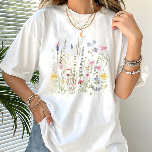 T-shirt with pastel wildflower garden illustration in a delicate cottagecore style