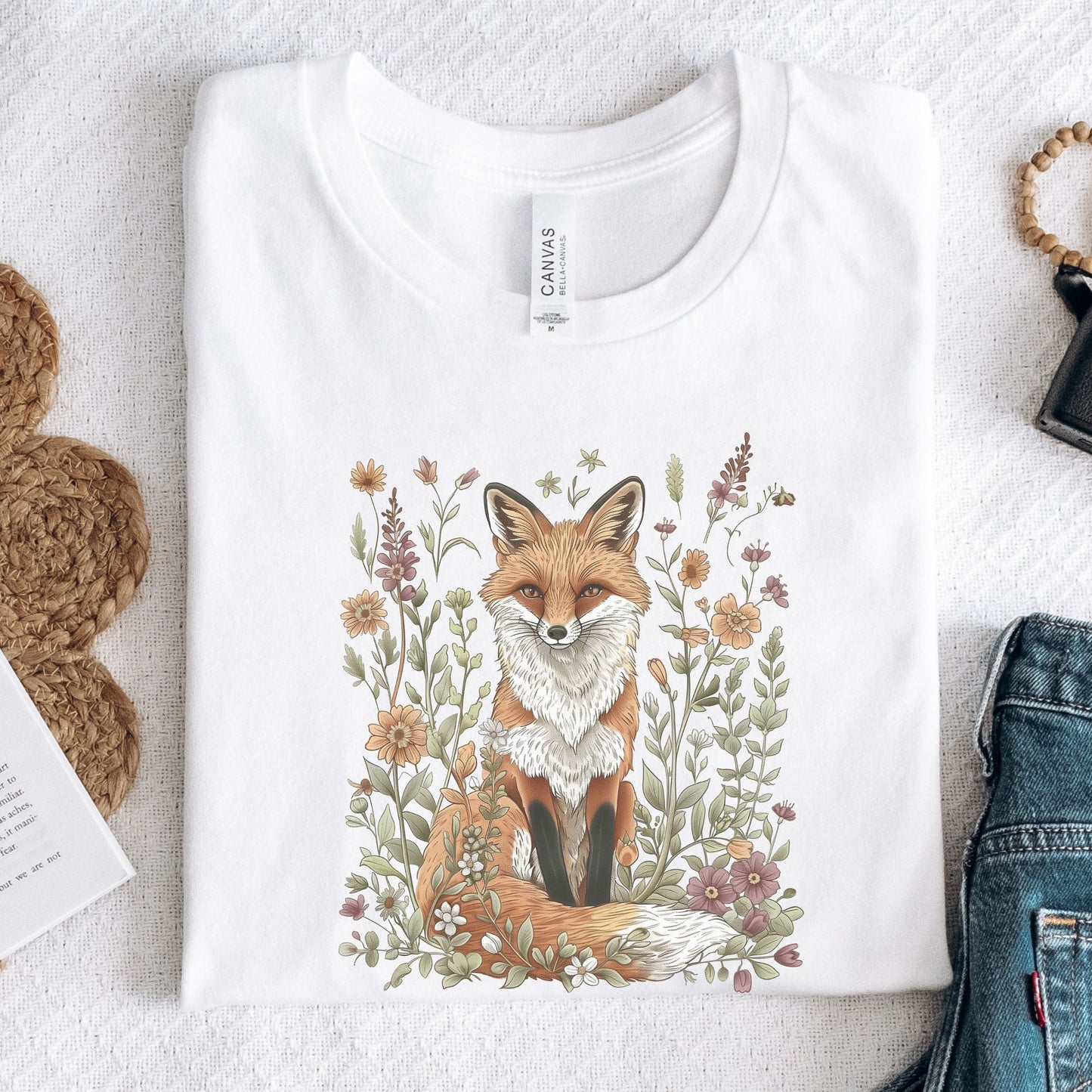 Cottagecore t-shirt with fox surrounded by wildflowers, cozy spring aesthetic