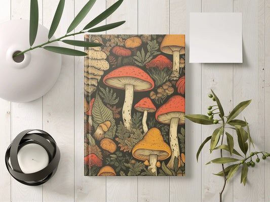 Cottagecore notebook with mushroom decor and woodland theme, perfect for journaling.