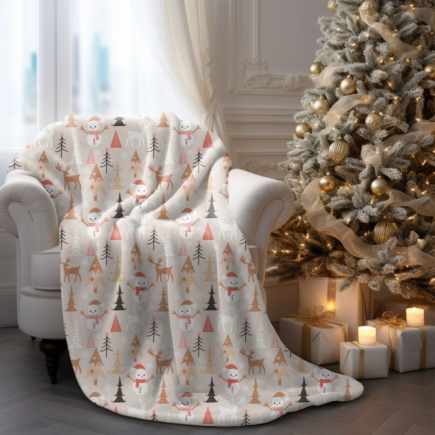 Cozy Christmas blanket with reindeer, snowman, and tree designs, perfect for holiday decor.