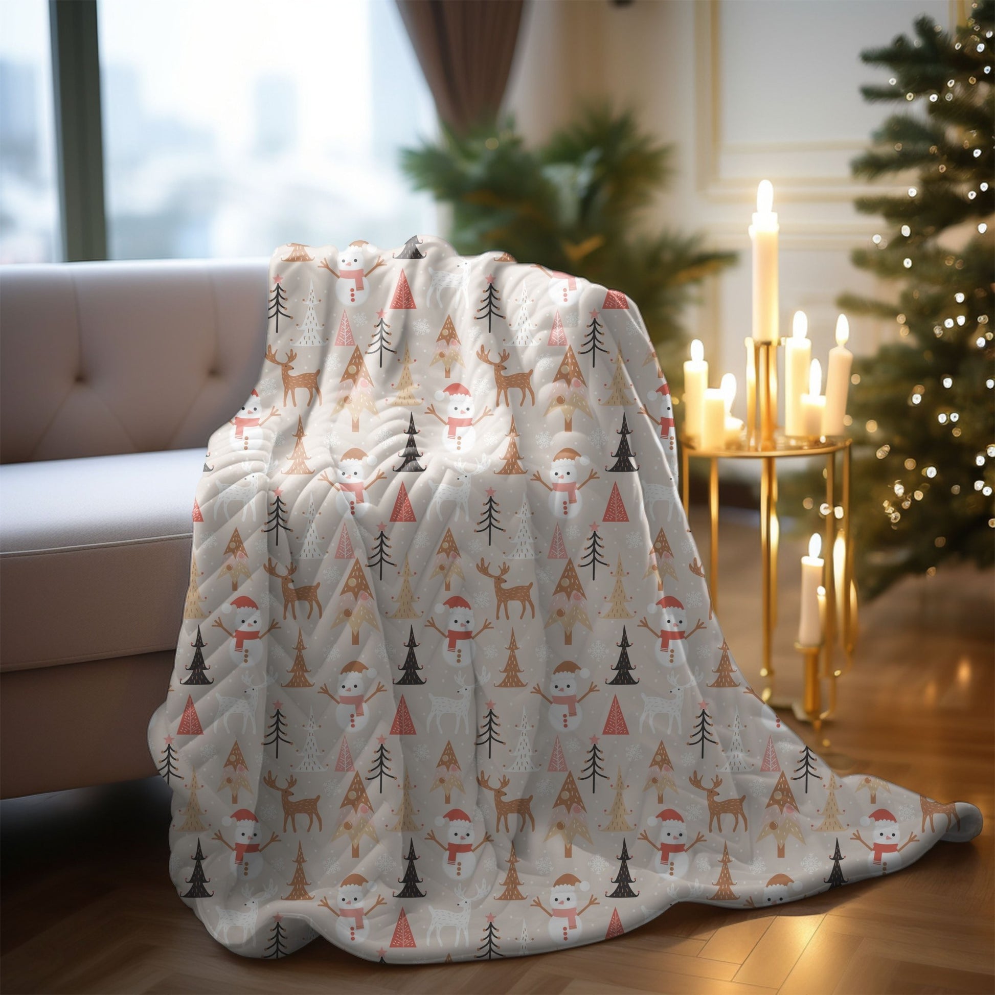 Cozy Christmas blanket with reindeer, snowman, and tree designs, perfect for holiday decor.