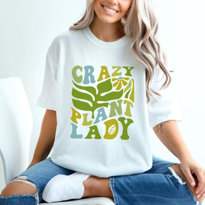 "Crazy Plant Lady" shirt, 100% cotton, retro plant design, 4 colors, perfect for plant lovers.