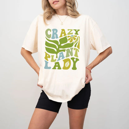 "Crazy Plant Lady" shirt, 100% cotton, retro plant design, 4 colors, perfect for plant lovers.