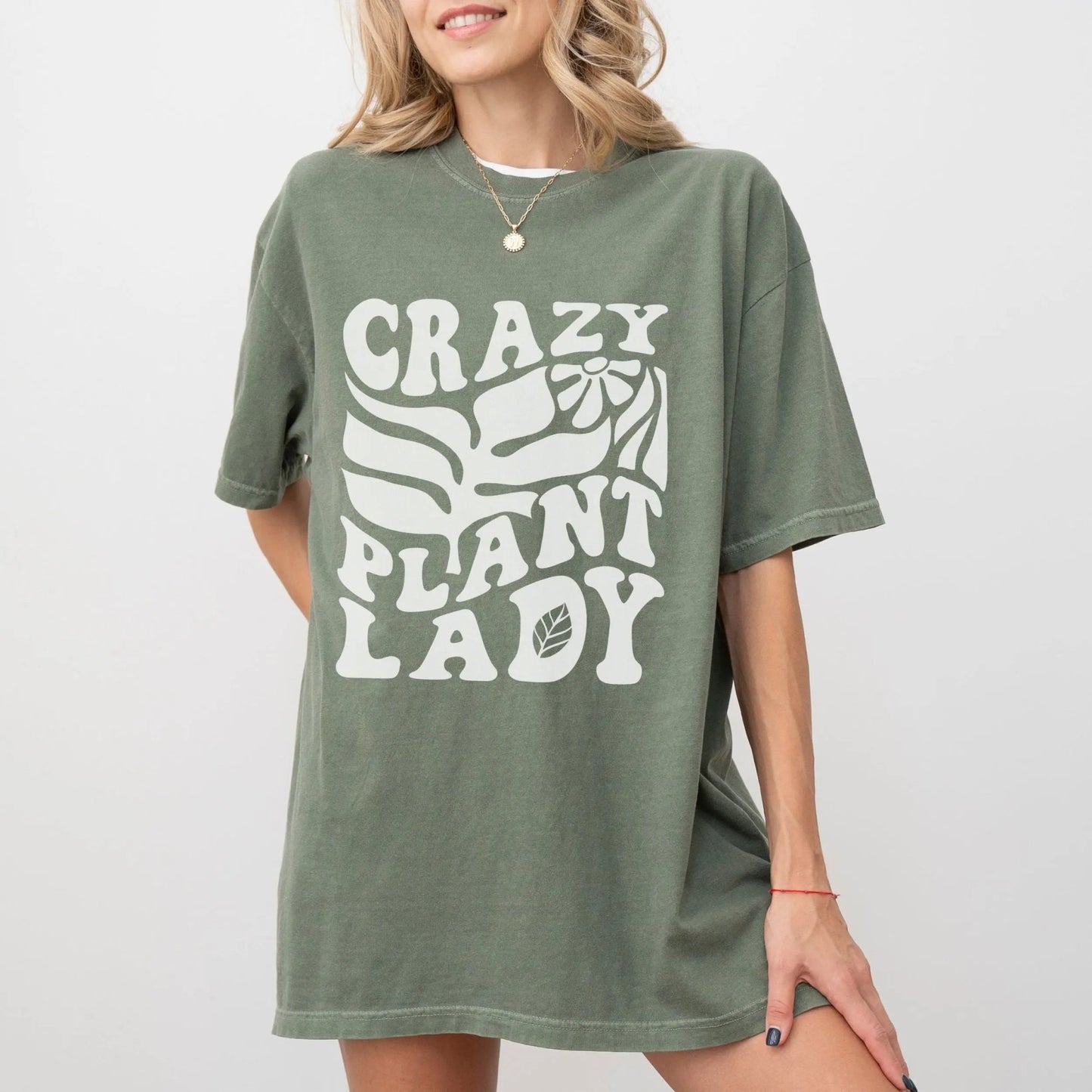 "Crazy Plant Lady" shirt, 100% cotton, retro plant design, 4 colors, perfect for plant lovers.