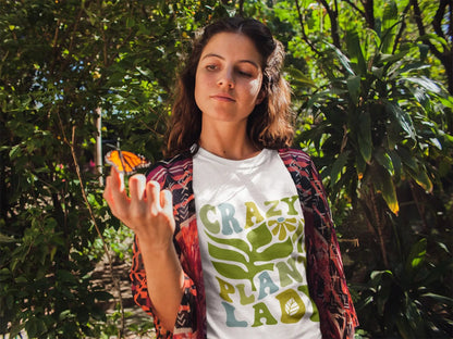 "Crazy Plant Lady" shirt, 100% cotton, retro plant design, 4 colors, perfect for plant lovers.