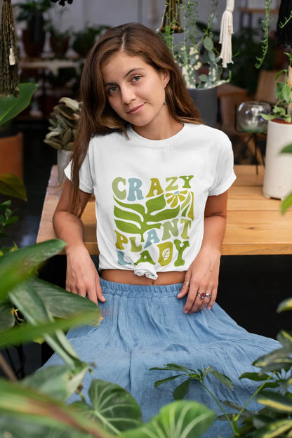 "Crazy Plant Lady" shirt, 100% cotton, retro plant design, 4 colors, perfect for plant lovers.