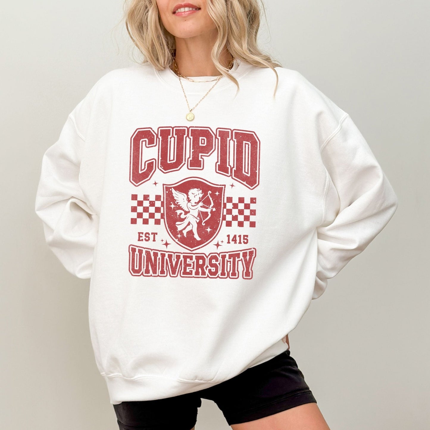 Cupid University sweatshirt with retro Valentine design in 5 colors for cozy, Cupid-themed apparel.