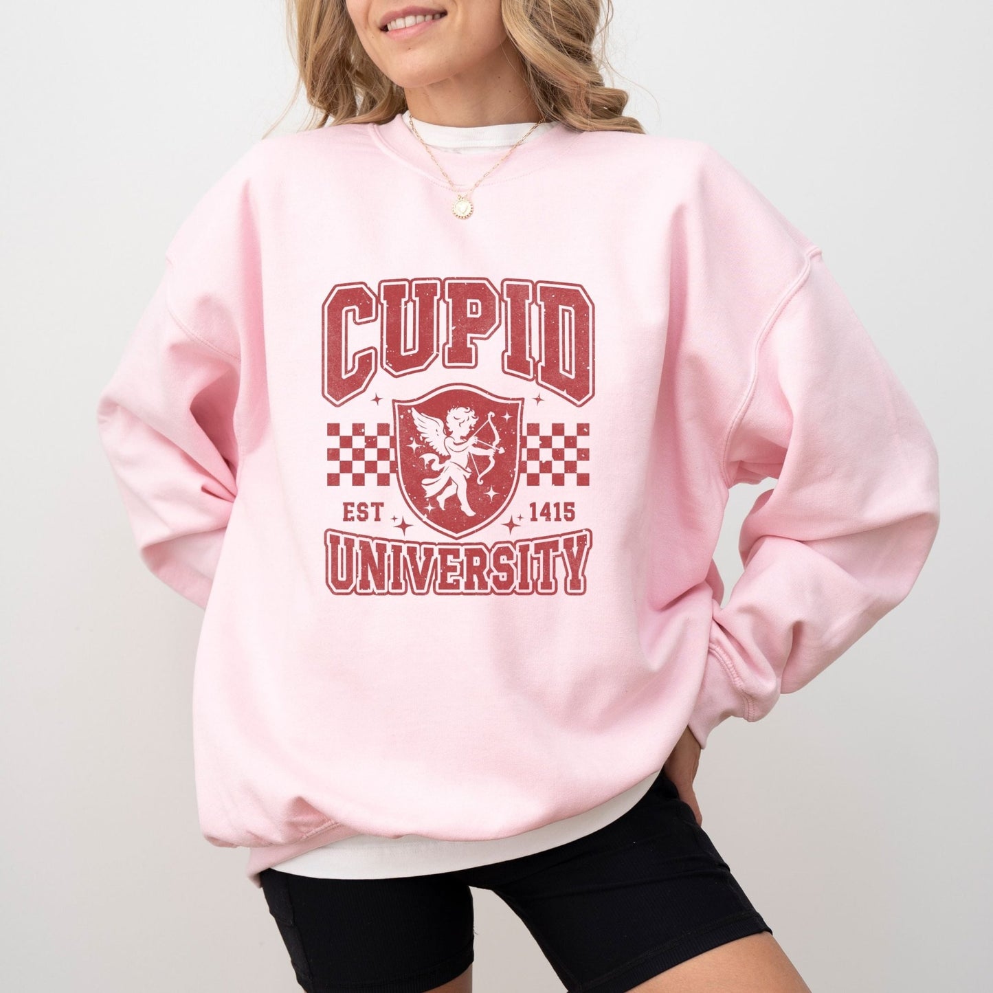 Cupid University sweatshirt with retro Valentine design in 5 colors for cozy, Cupid-themed apparel.