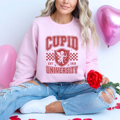 Cupid University sweatshirt with retro Valentine design in 5 colors for cozy, Cupid-themed apparel.