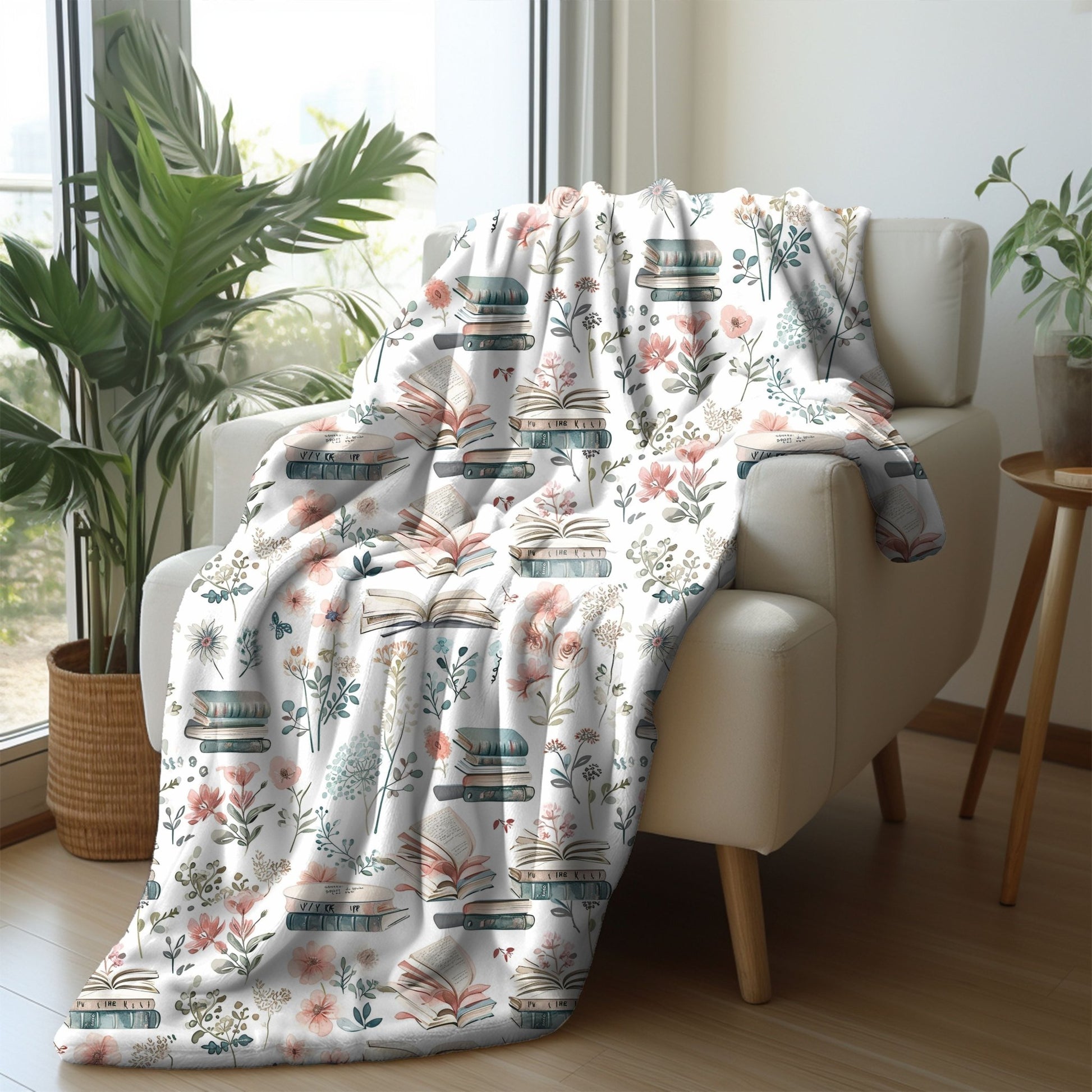 Cozy floral book-themed blanket with pastel flowers and books, available in velveteen plush and sherpa fleece.