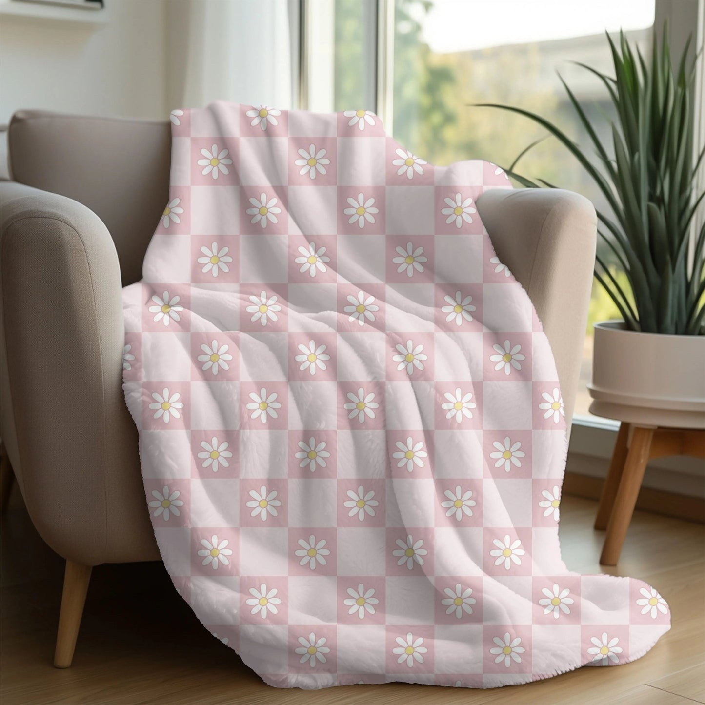 Boho chic blanket with checkered and flower design, available in green, orange, and pink.