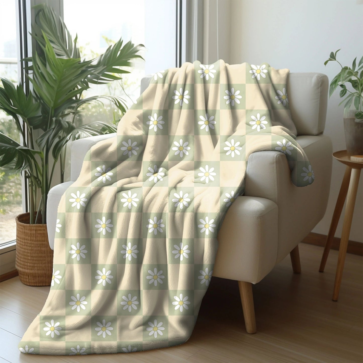 Boho chic blanket with checkered and flower design, available in green, orange, and pink.