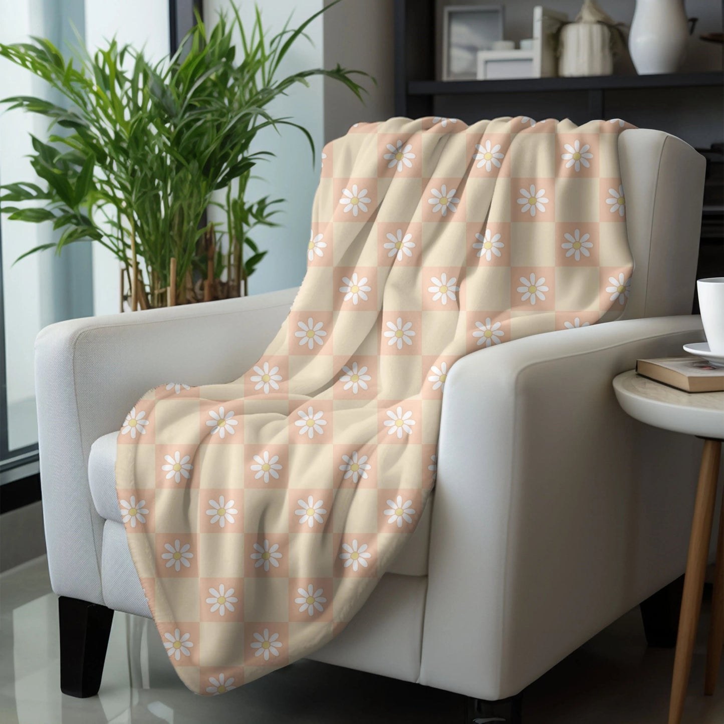 Boho chic blanket with checkered and flower design, available in green, orange, and pink.