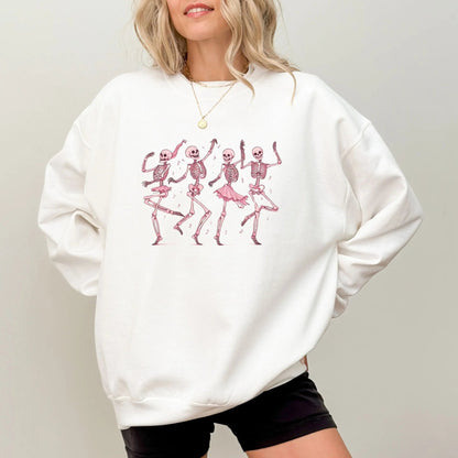 "Dancing Skeletons" sweatshirt, cute Halloween design, available in 7 colors.