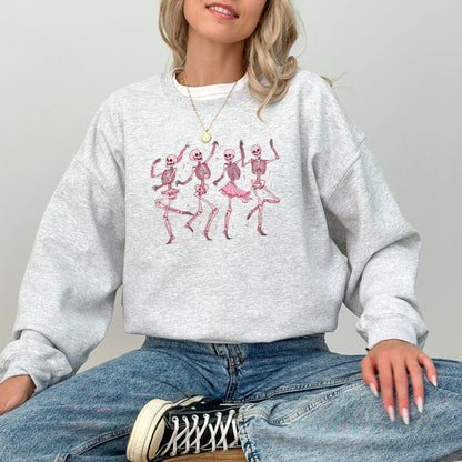 "Dancing Skeletons" sweatshirt, cute Halloween design, available in 7 colors.