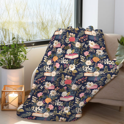 Cozy floral book blanket with a beautiful book and flower pattern, ideal for readers.