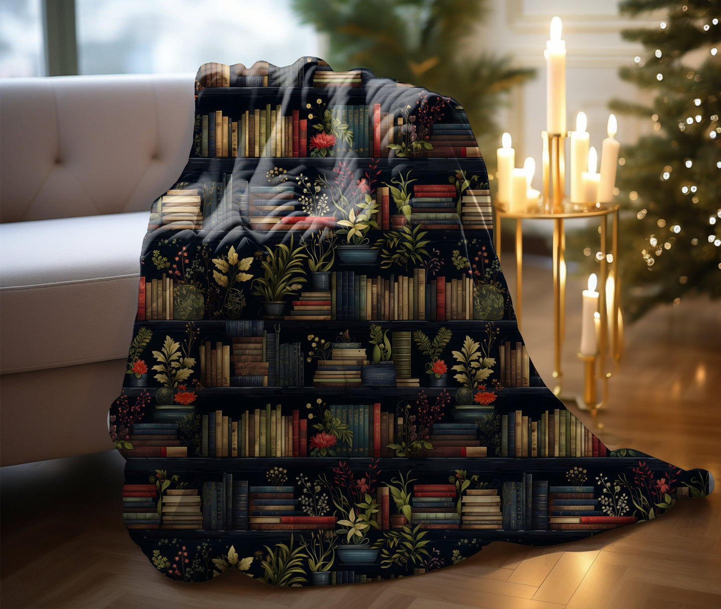 Cozy bookshelf blanket with plant and book design, perfect for book lovers.