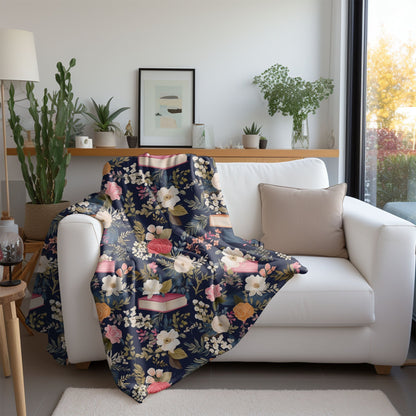 Cozy floral book blanket with a beautiful book and flower pattern, ideal for readers.