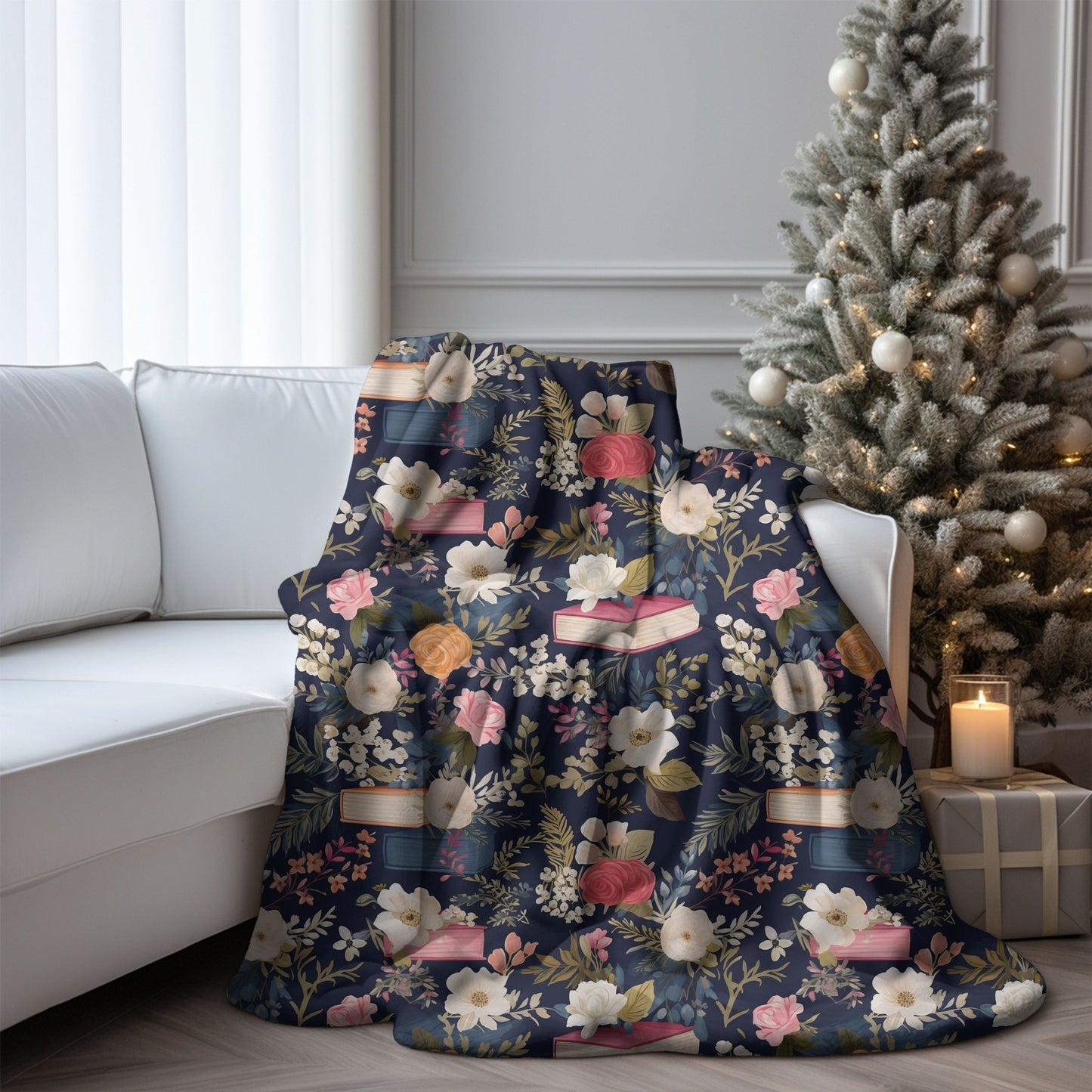 Cozy floral book blanket with a beautiful book and flower pattern, ideal for readers.