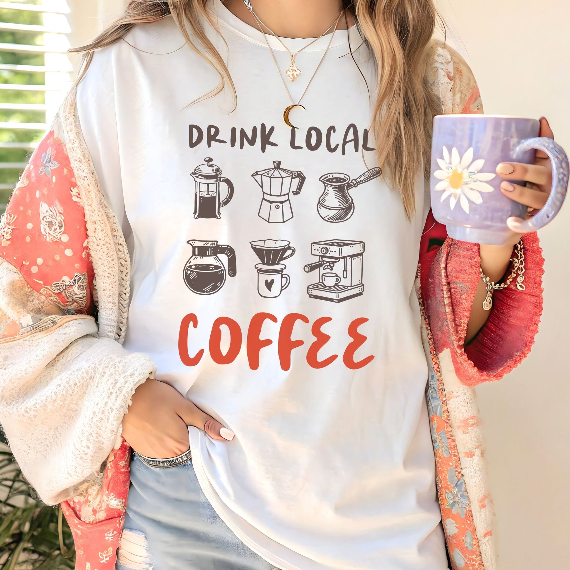 T-Shirt with hand-drawn moka pot, espresso maker, and pour-over with text “Drink Local Coffee”