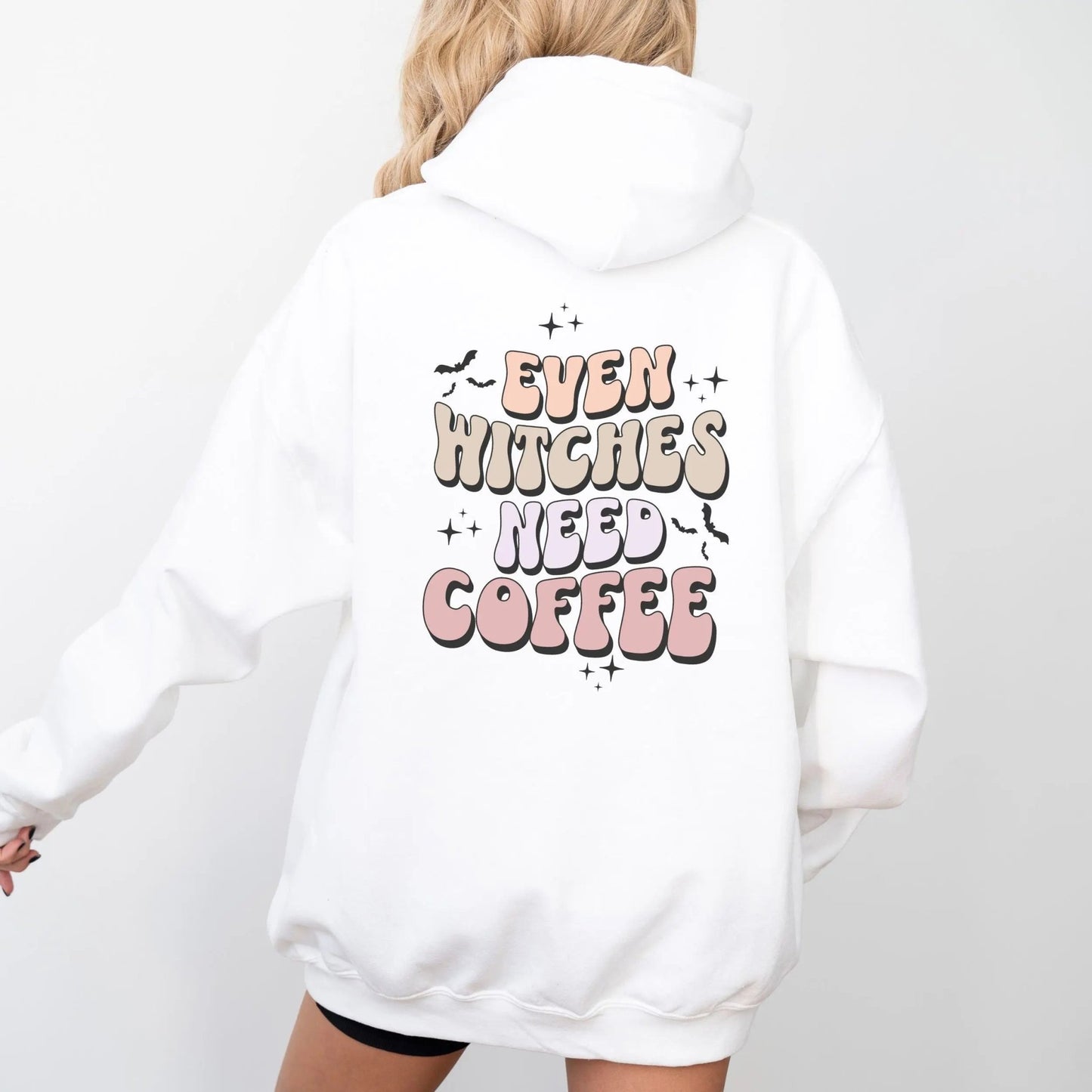 Even Witches Need Coffee hoodie, retro typography, witchy aesthetic, Y2K style.