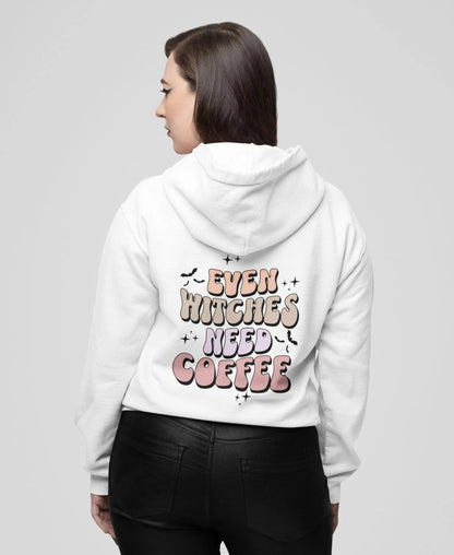 Even Witches Need Coffee hoodie, retro typography, witchy aesthetic, Y2K style.