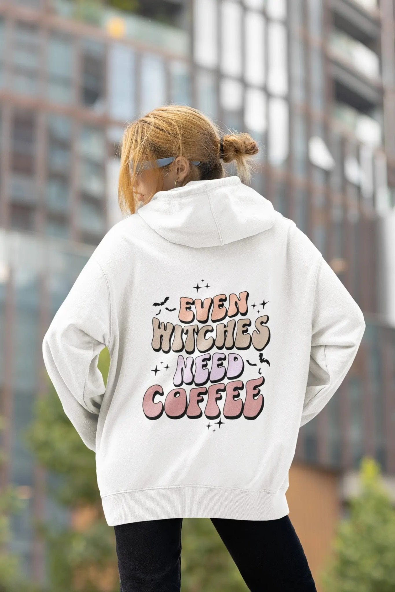 Even Witches Need Coffee hoodie, retro typography, witchy aesthetic, Y2K style.