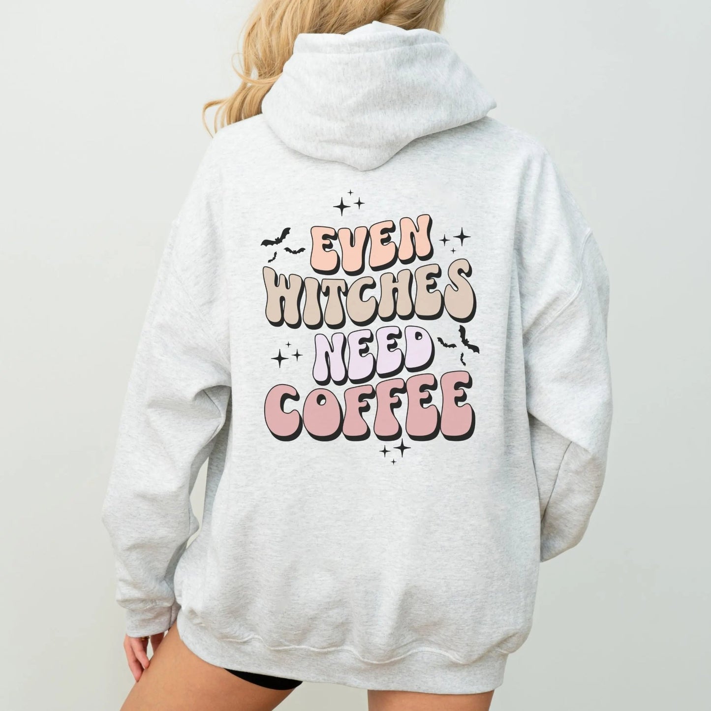 Even Witches Need Coffee hoodie, retro typography, witchy aesthetic, Y2K style.