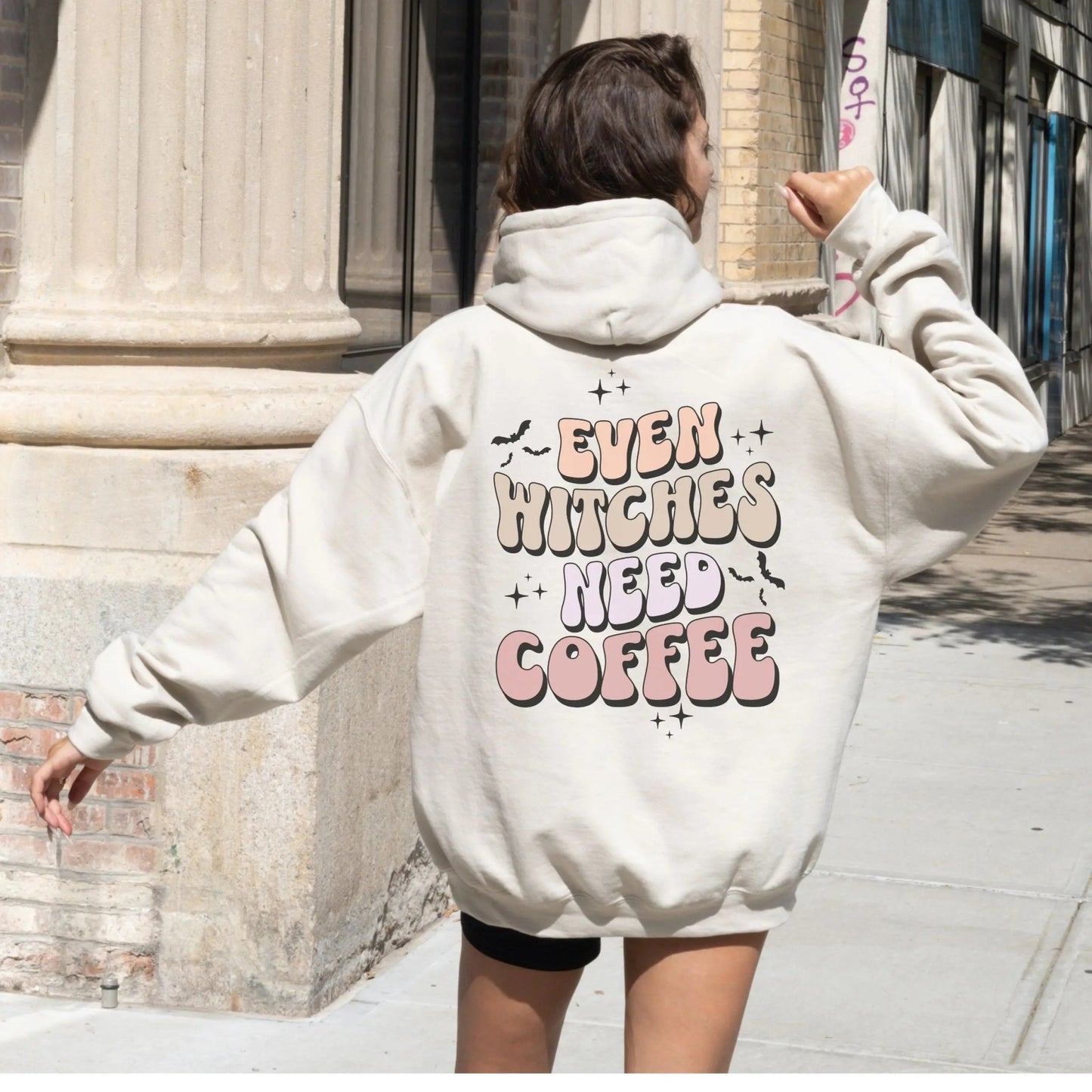 Even Witches Need Coffee hoodie, retro typography, witchy aesthetic, Y2K style.