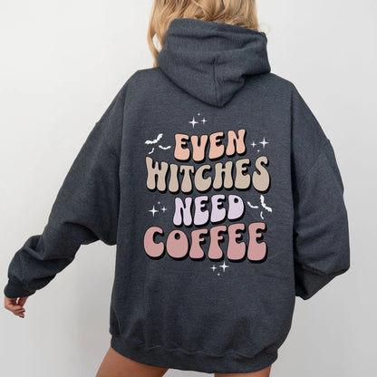 Even Witches Need Coffee hoodie, retro typography, witchy aesthetic, Y2K style.